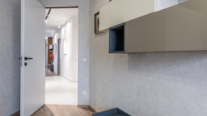 Interior design of contemporary new apartment room with empty shelves and opened door leading to light corridor